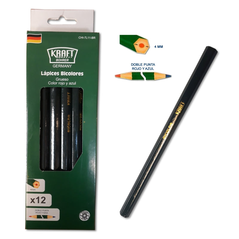 LAPIZ CARPINTERO KRAFT BOHRER BICOLOR GRUESO- CAJA 12 PZAS.