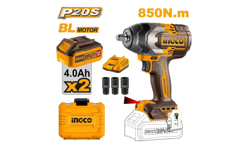 Llave Impacto Inalambrica 20V C/2 Bat + Cargador CIWLI2085 INGCO