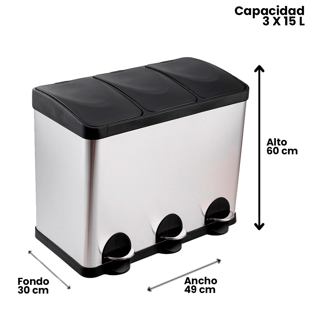 BASURERO ACERO INOXIDABLE TRIPLE 15 LTS X3 SOIN