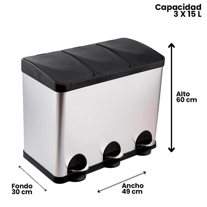BASURERO ACERO INOXIDABLE TRIPLE 15 LTS X3 SOIN